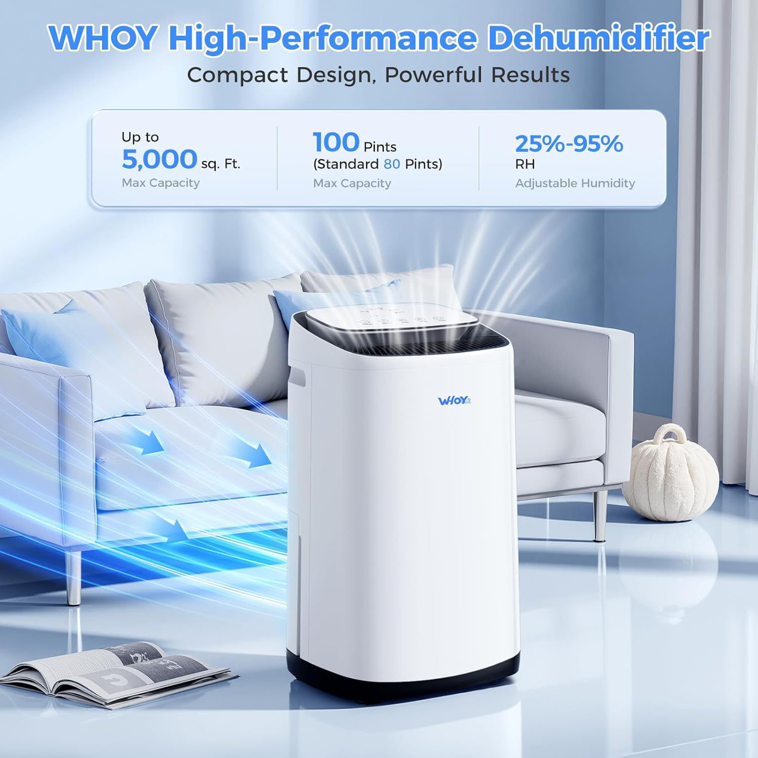 5000 Sq.Ft Dehumidifier for Basements 100 Pints, with 2.15 Gallons Water Tank with darin hose and app control, Smart Compressor Quiet operation Ideal for Living room, Bathrooms, Home 50